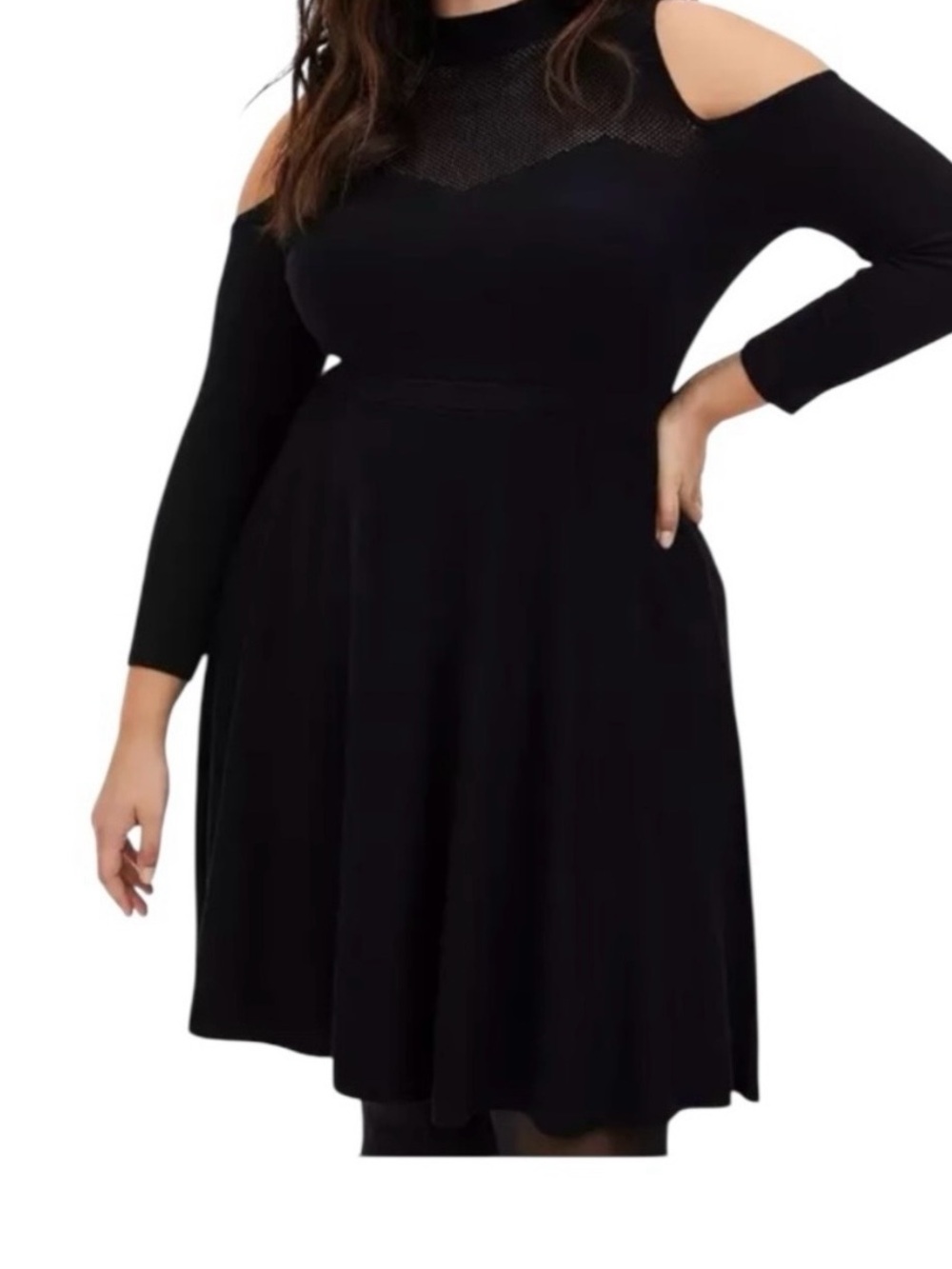 torrid Black Cold-Shoulder Fit & Flare Dress with Mesh Yoke